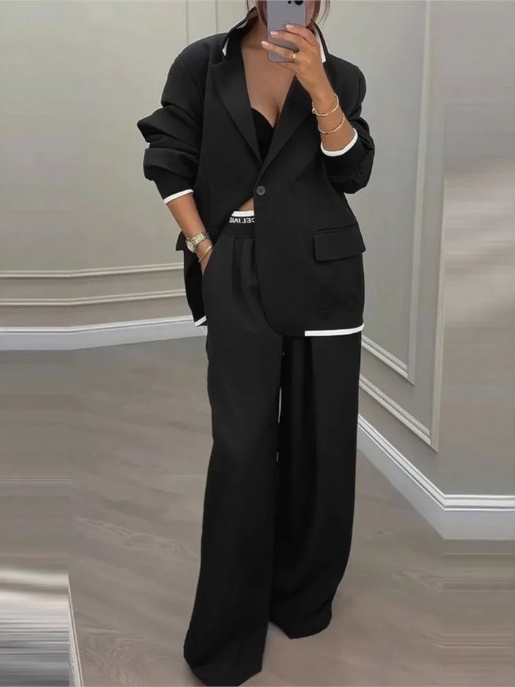 Women's Solid Lapel Blazer Wide Leg Pants Set