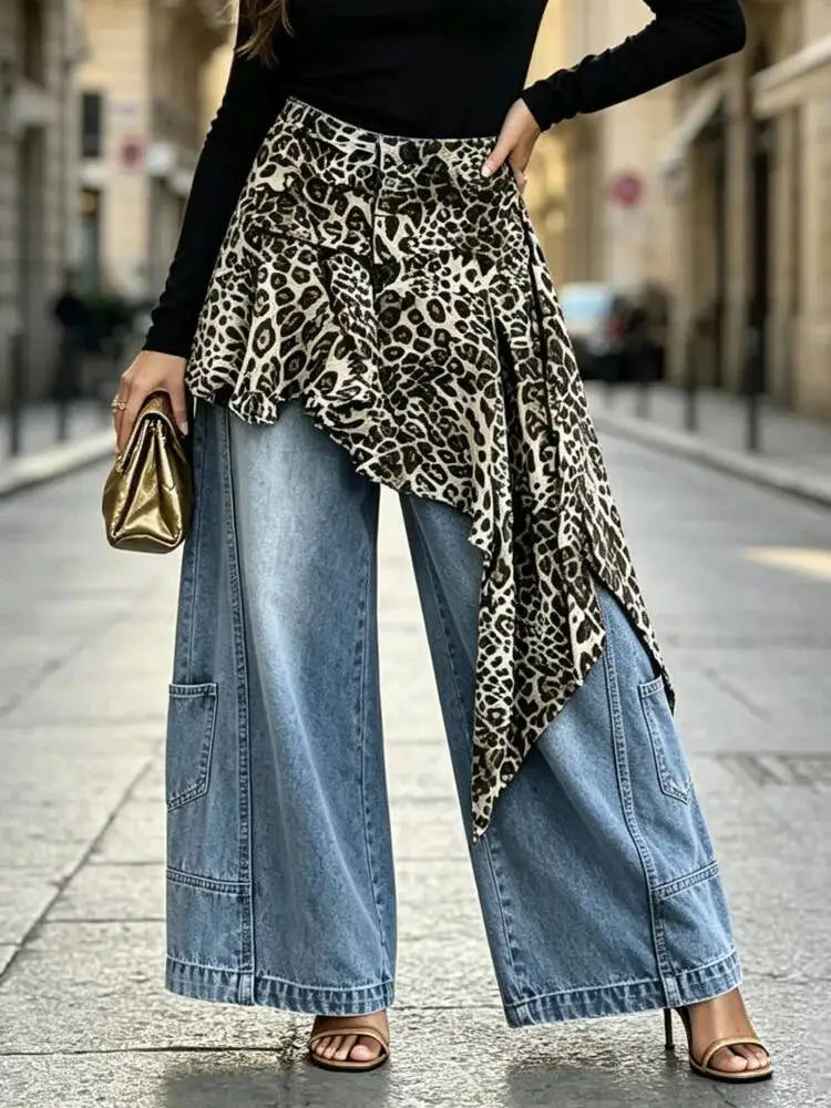 Women's Leopard Patchwork Baggy Loose Wide Leg Jeans