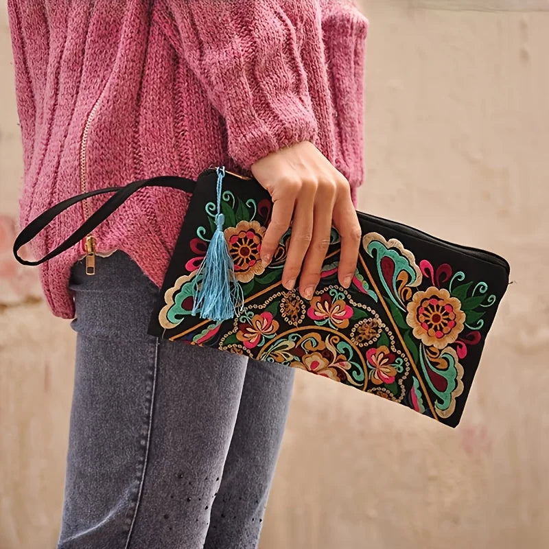 Vintage Embroidered Ethnic Style Long Wallet Wristlet Clutch Bag