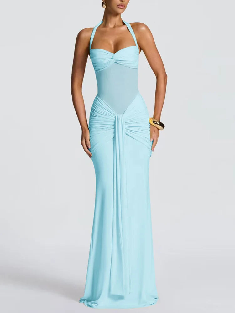 Women's Sexy Mesh Patchwork Halter Ruched Maxi Dress