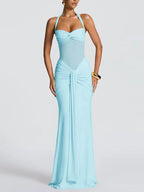 Women's Sexy Mesh Patchwork Halter Ruched Maxi Dress