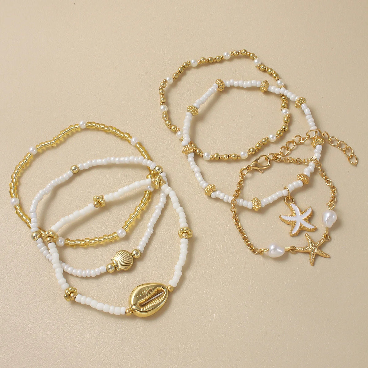 Women's Fashion Bohemian Shell Starfish Stacked Pearl Bead Bracelet Set