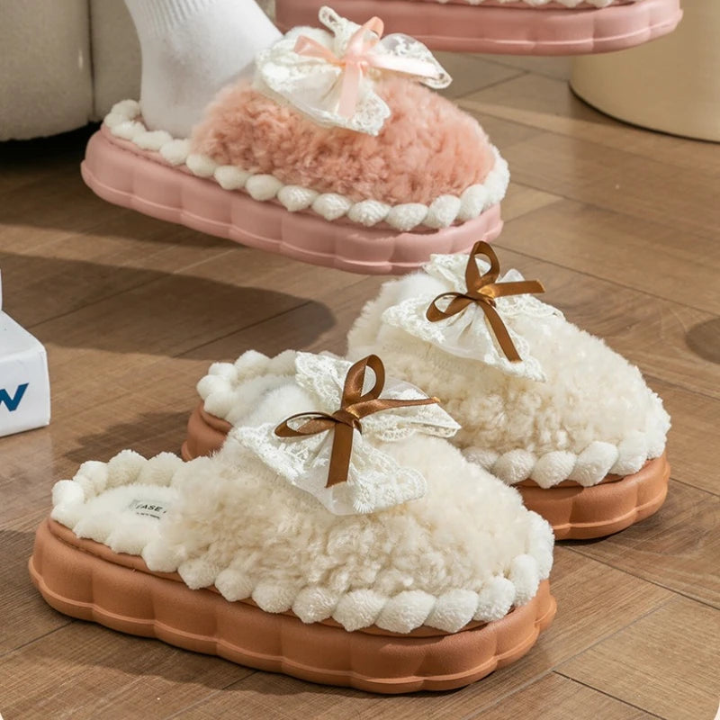 Women's Plush Bow Slippers Non-Slip Winter Indoor House Shoes