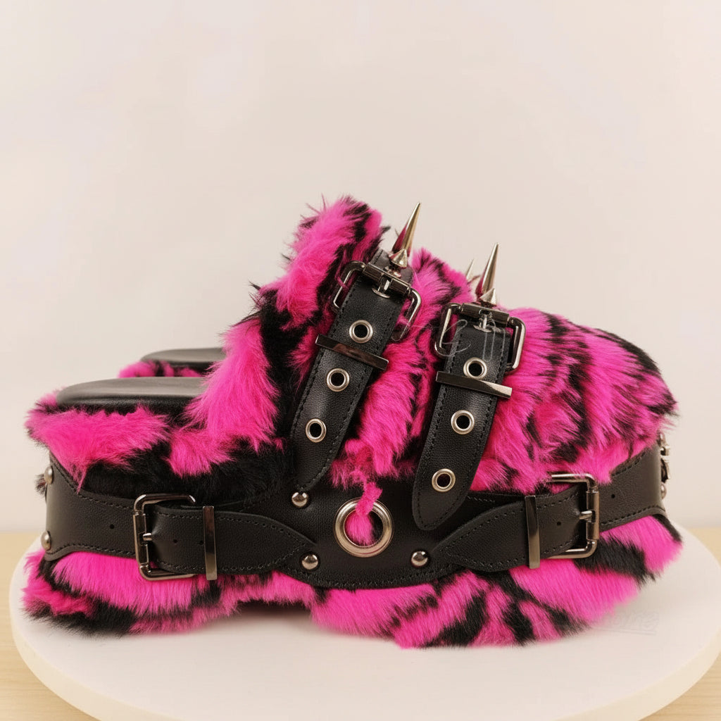 Women's Rivet Platform Furry Slippers Round Toe Thick Bottom Sandals