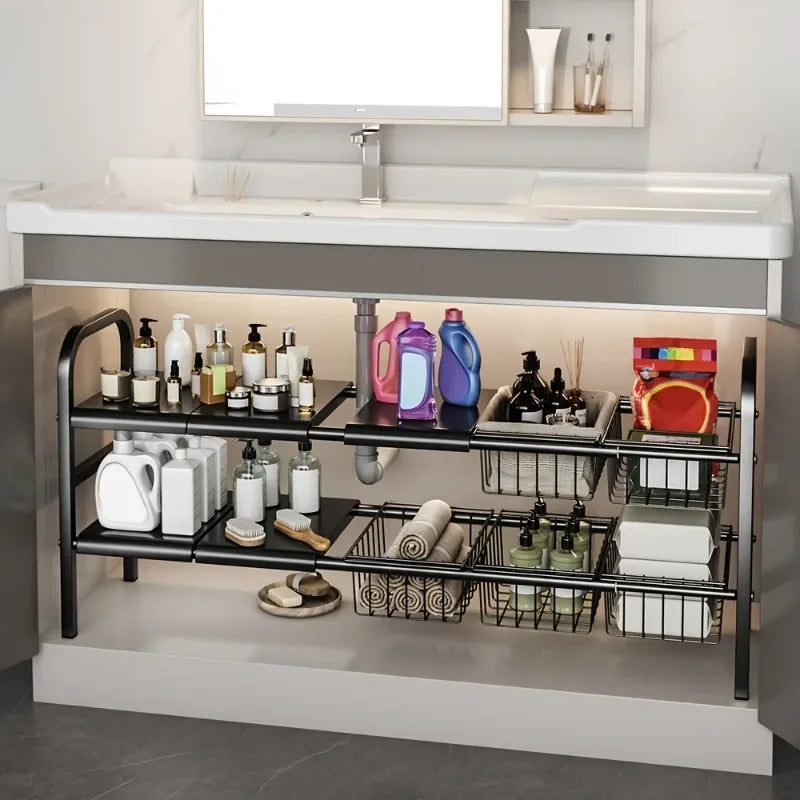 Expandable Under Sink Cabinet Shelf and Multipurpose Storage Organizer Rack