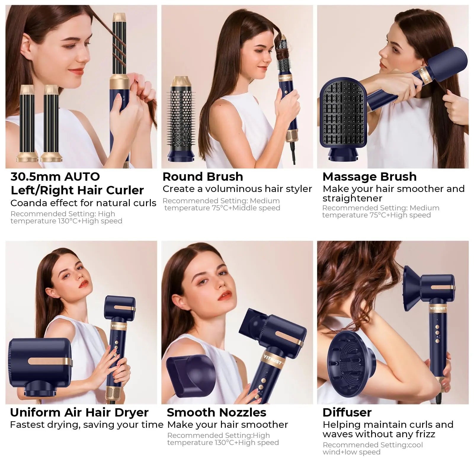 7-in-1 High Speed Ionic Hair Dryer Brush and Auto Curler Set