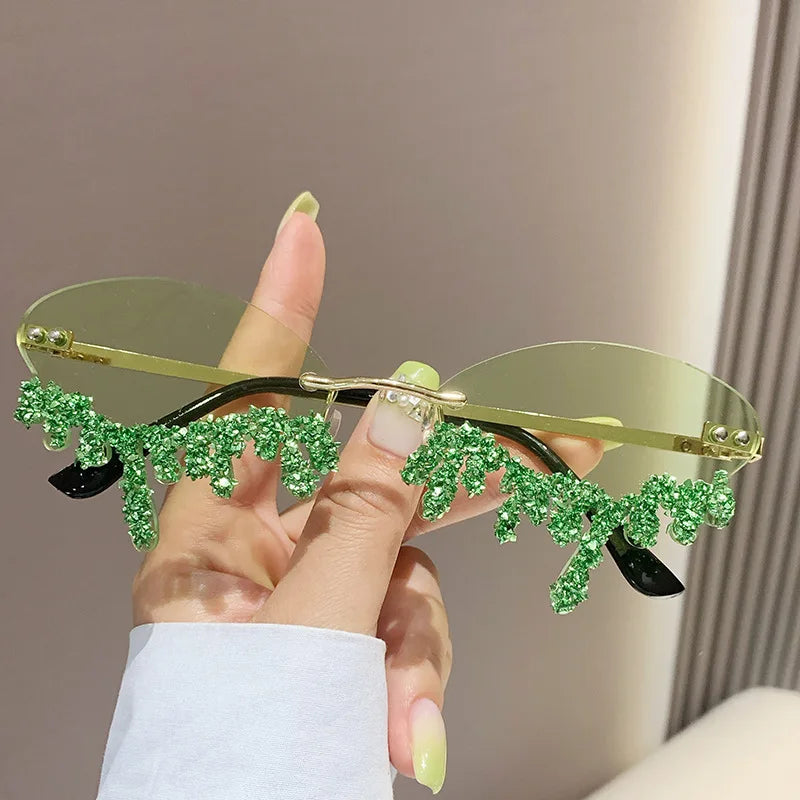 Rhinestone Rimless Sunglasses Women's Tear Drop Party Eyewear