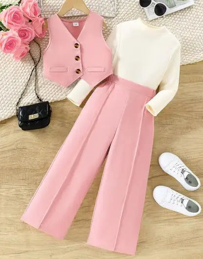 Girls' Solid Long Sleeve Tops Waistcoat Wide Leg Pants Three-Piece Set