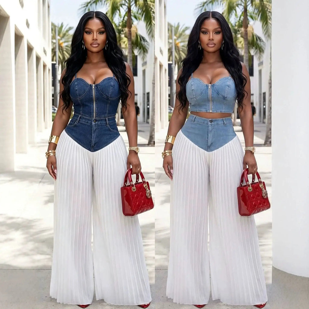 Women's Patchwork Denim Wide Leg Pants Two-Piece Set