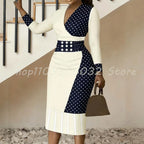 Women's Polka Dot Color Block V-Neck Midi Dress