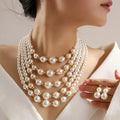 Simulated Pearl Multilayer Necklace and Earrings Jewelry Set