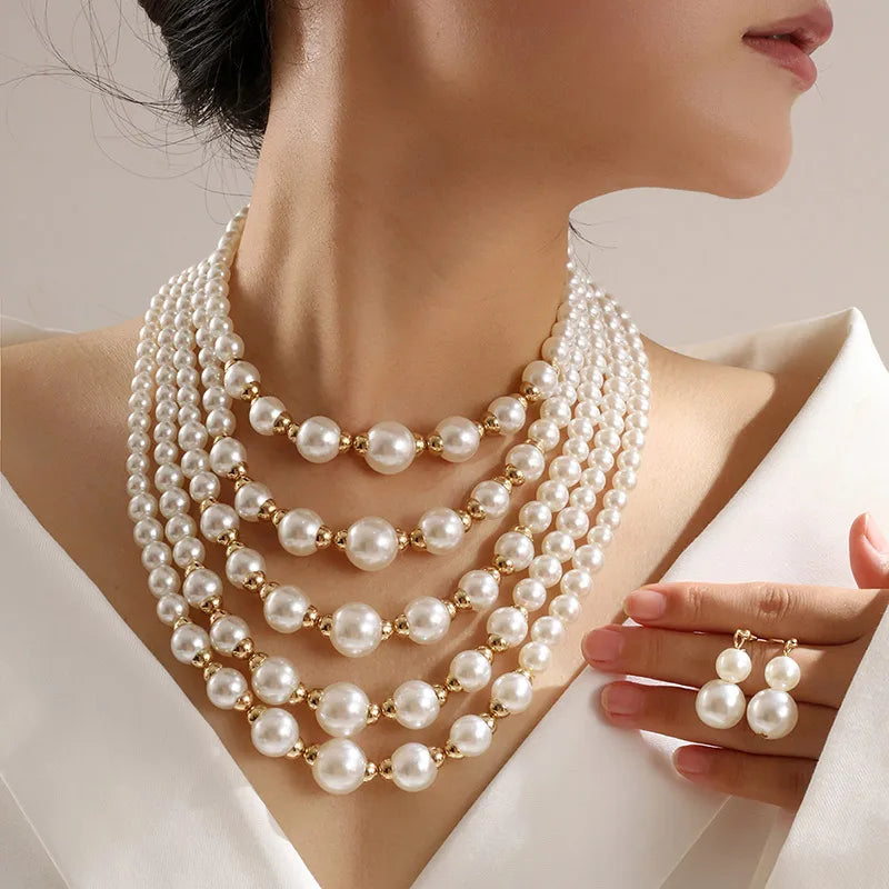 Simulated Pearl Multilayer Necklace and Earrings Jewelry Set