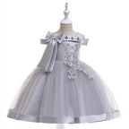 Girls' Flower Applique Bow Princess Ball Gown Dress