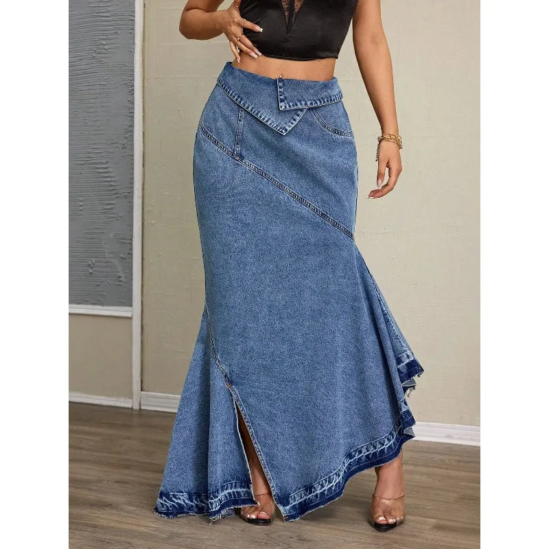 Women's Slim Fit High Waist Fishtail Denim Skirt Blue