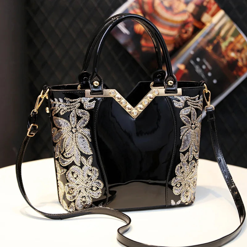 Women's Sequin Embroidered Patent Leather Shoulder Crossbody Bag