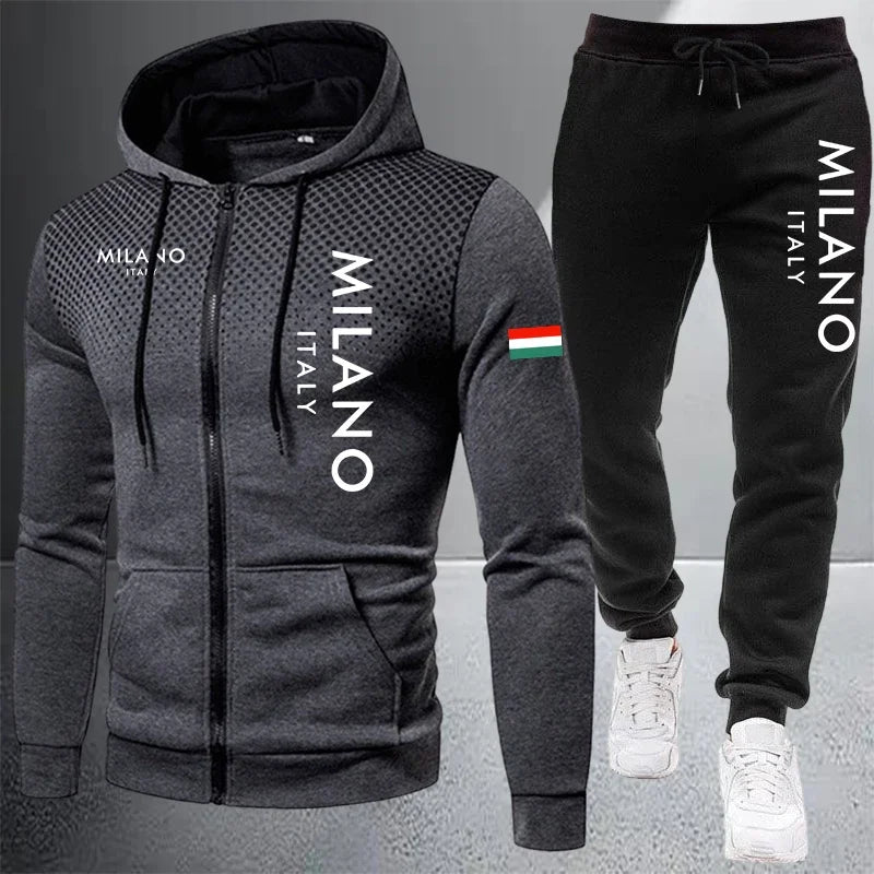 Men's Casual Zip Hooded Sweatshirt and Drawstring Pants Set