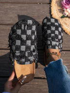 Women's Denim Flat Heel Buckle Slippers in Color-Blocked Design