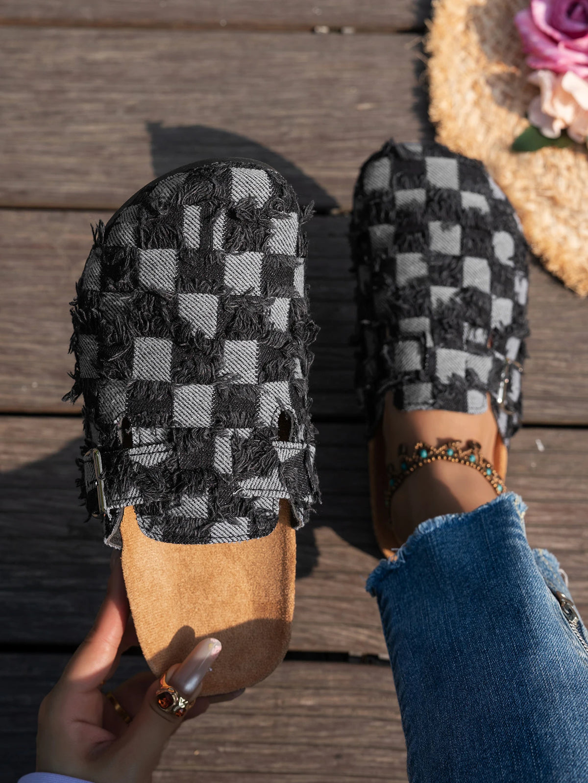 Women's Denim Flat Heel Buckle Slippers in Color-Blocked Design