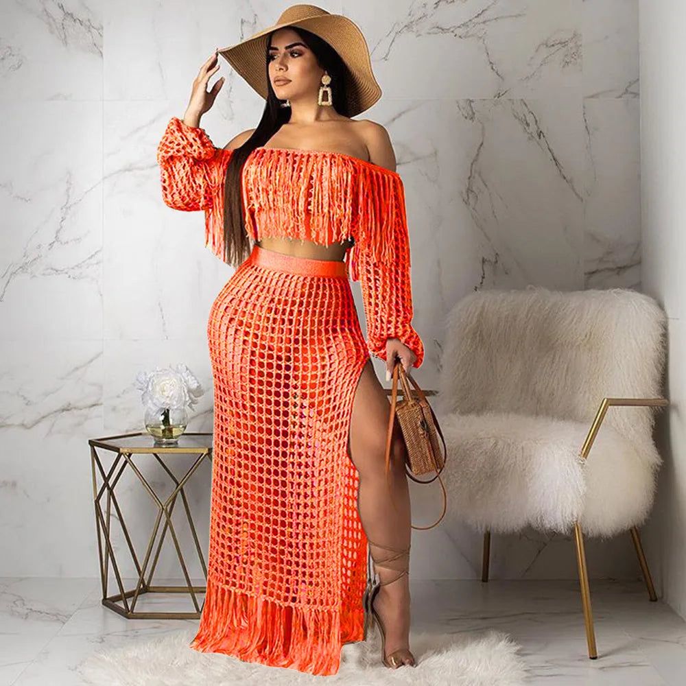 Women's Off Shoulder Tassel Hollow Out Maxi Skirt Set