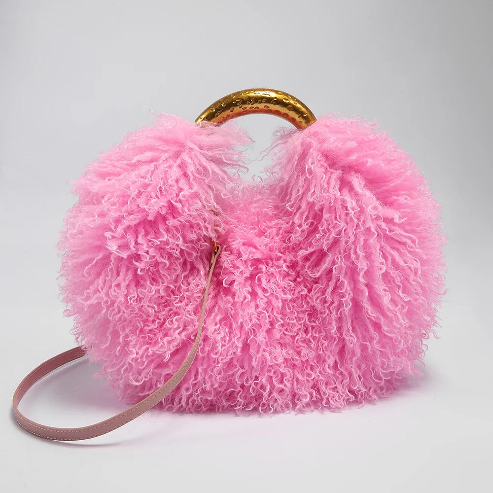 Women's Solid Color Plush Shoulder Bag with Adjustable Strap