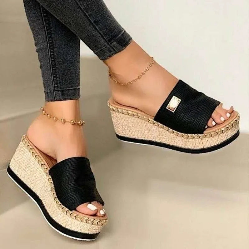 Women's Platform Wedge Sandals Casual Slip-On Mules Open Side