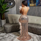 Women's Sexy Sequined Spaghetti Strap Feather Hem Maxi Dress