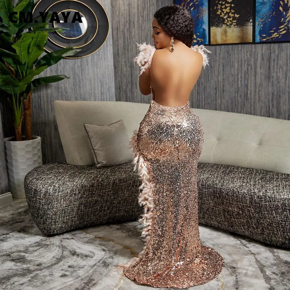 Women's Sexy Sequined Spaghetti Strap Feather Hem Maxi Dress