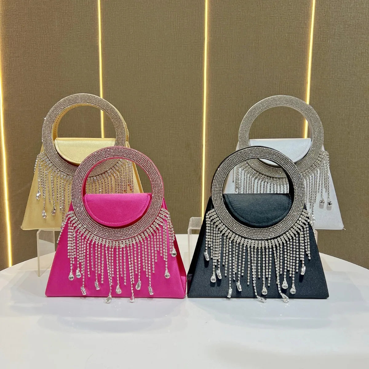 Women's Rhinestone Ring Tassel Trapezoid Evening Clutch Bag