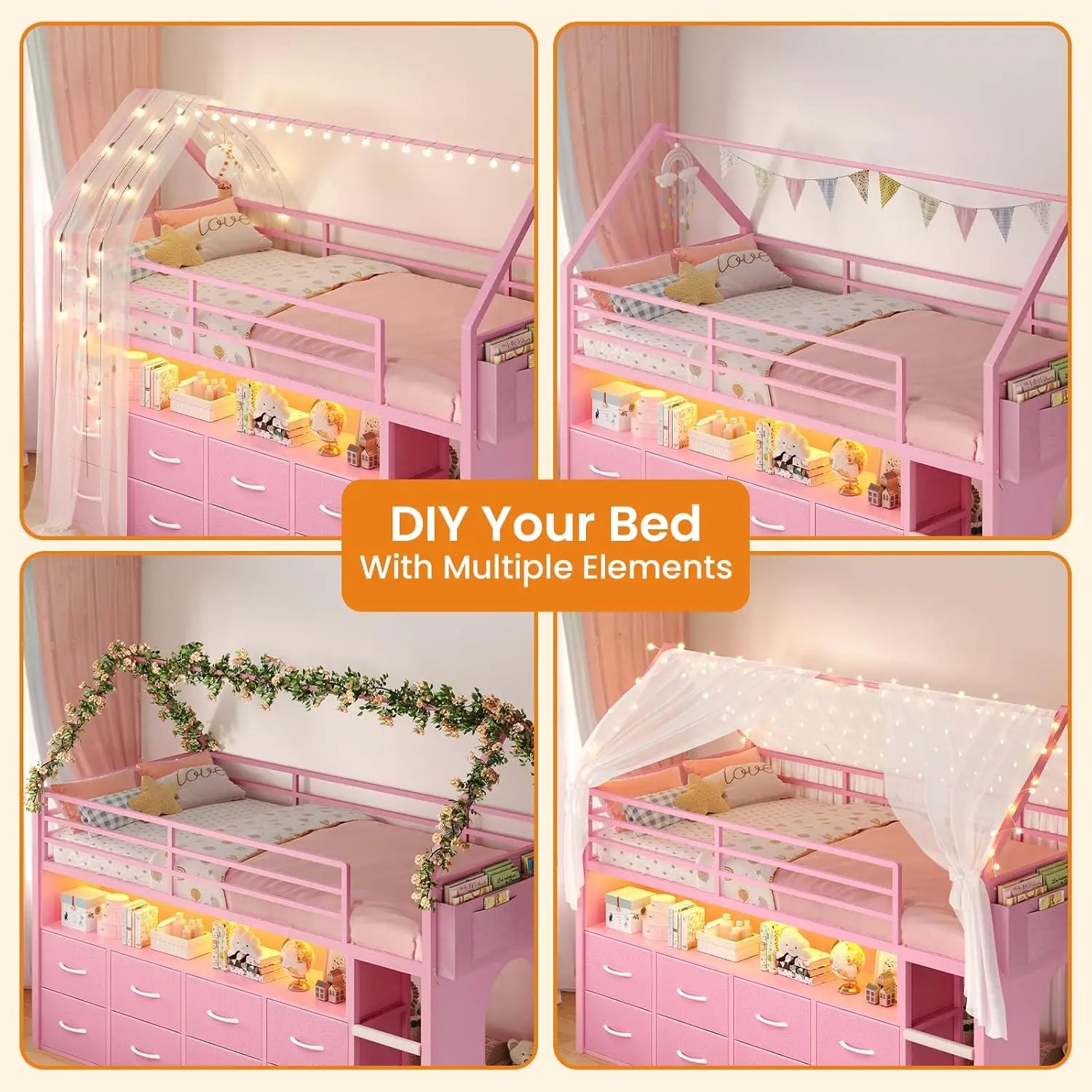 Kids' Twin Metal Low Loft Bed with Drawers and LED Lights Pink