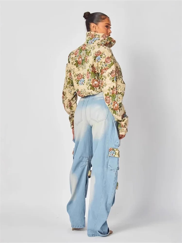 Women's Denim Casual Coat Cargo Pants Two-Piece Set