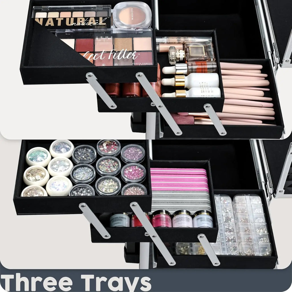 Rolling Makeup Case Cosmetic Travel Trolley with 4 Sliding Trays