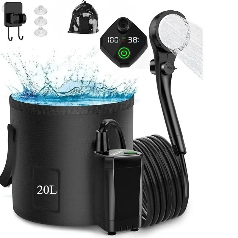 Portable Camping Shower with Rechargeable 6000mAh Pump and 5.3 Gallon Bag