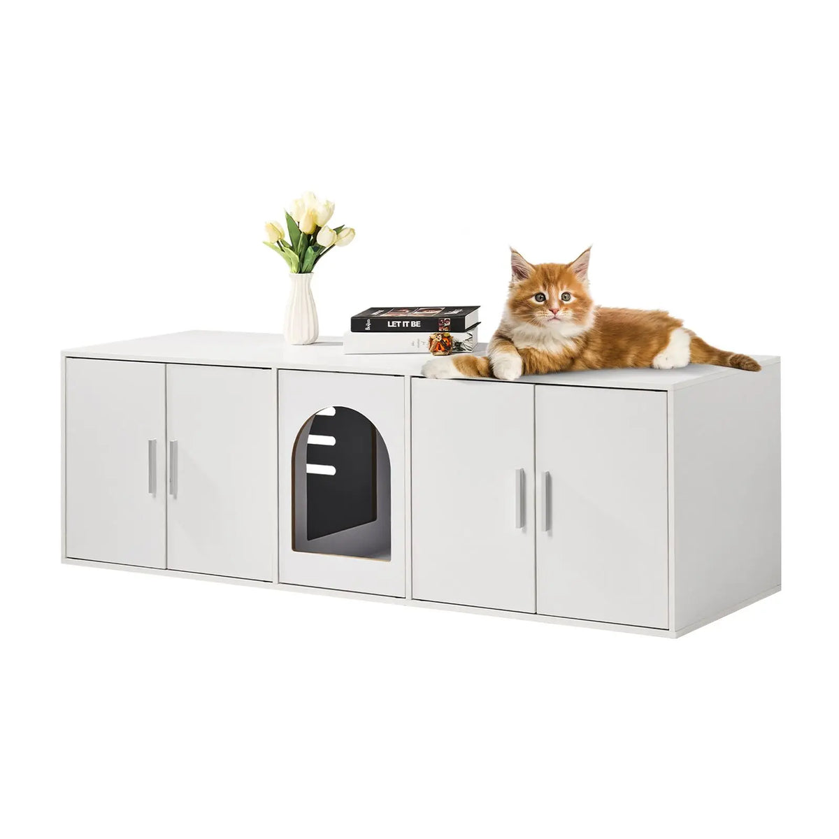 Double Room Wooden Cat Litter Box Enclosure and Hidden Cabinet