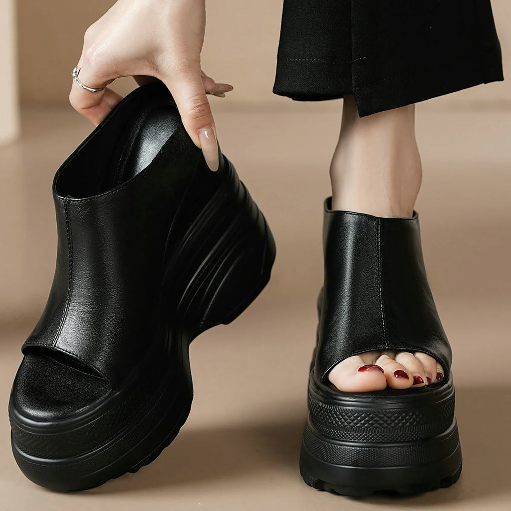 Women's Genuine Leather Wedge Platform Mules