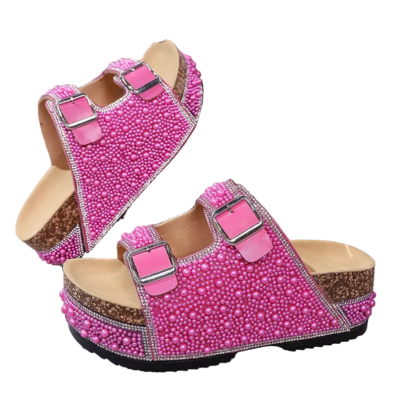 Women's Pearl Rhinestone Wedge Platform Sandals and Slides