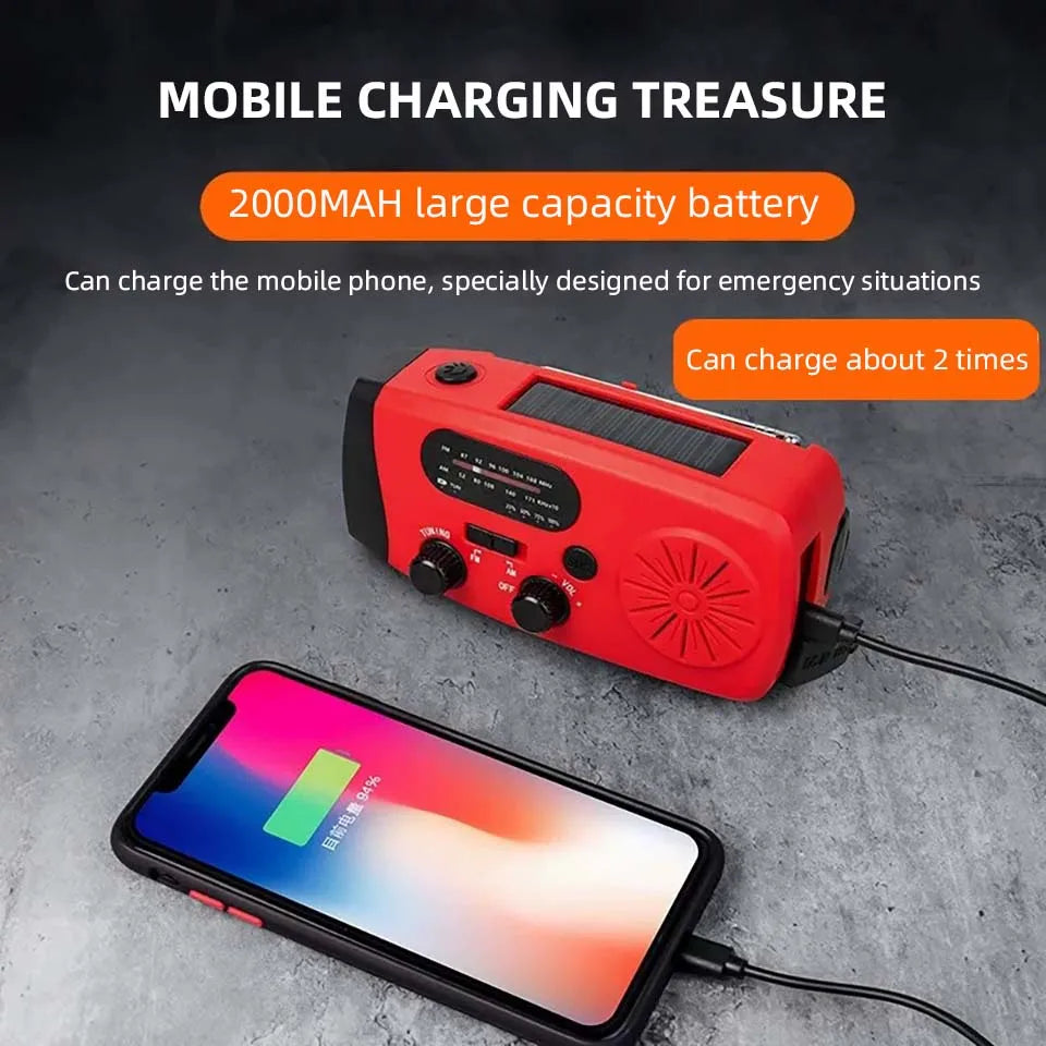 Emergency Solar Hand-Crank Radio with Flashlight and Power Bank