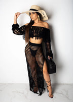 Women's Off Shoulder Tassel Hollow Out Maxi Skirt Set