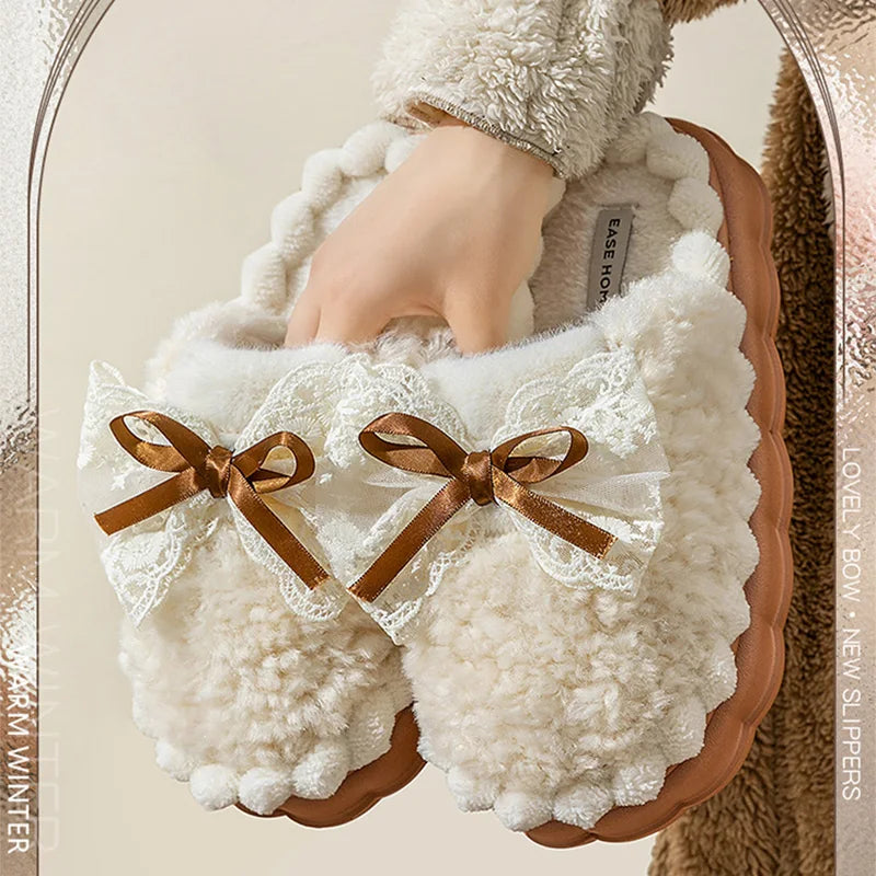 Women's Faux Fur Bowknot House Slippers Plush Warm Indoor Shoes