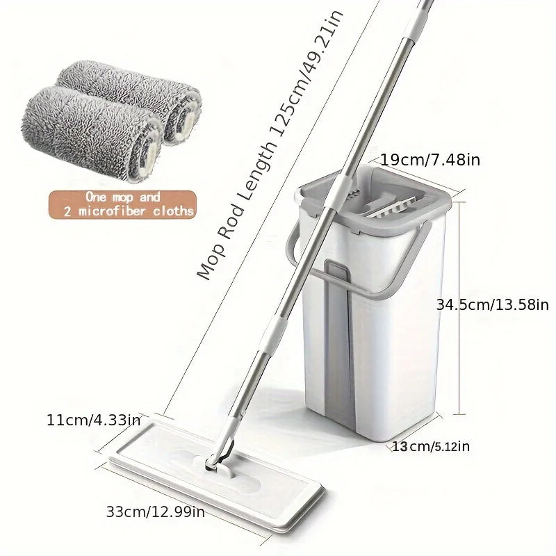 Wet and Dry Mop Set, Flat Mop with Built-in Scraper and Bucket, Suitable for Kitchen, Bathroom, Bedroom, and Living Room Floors