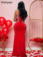 Women's Sexy Spaghetti Strap Diamond Bodycon Maxi Dress