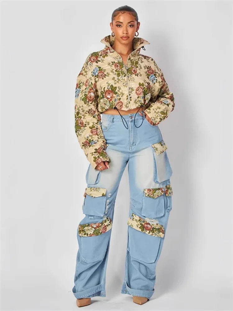 Women's Denim Casual Coat Cargo Pants Two-Piece Set