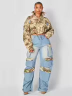 Women's Denim Casual Coat Cargo Pants Two-Piece Set