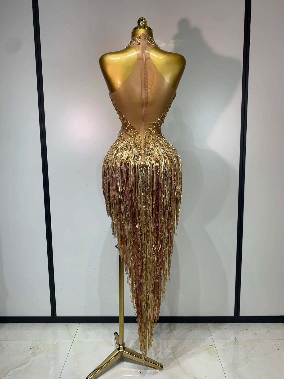 Women's Sexy Rhinestone Tassel Mesh Sleeveless Party Mini Dress