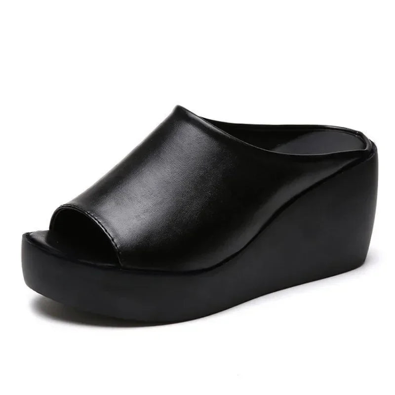 Women's Peep Toe Wedge Sandals Platform Slip On Mules