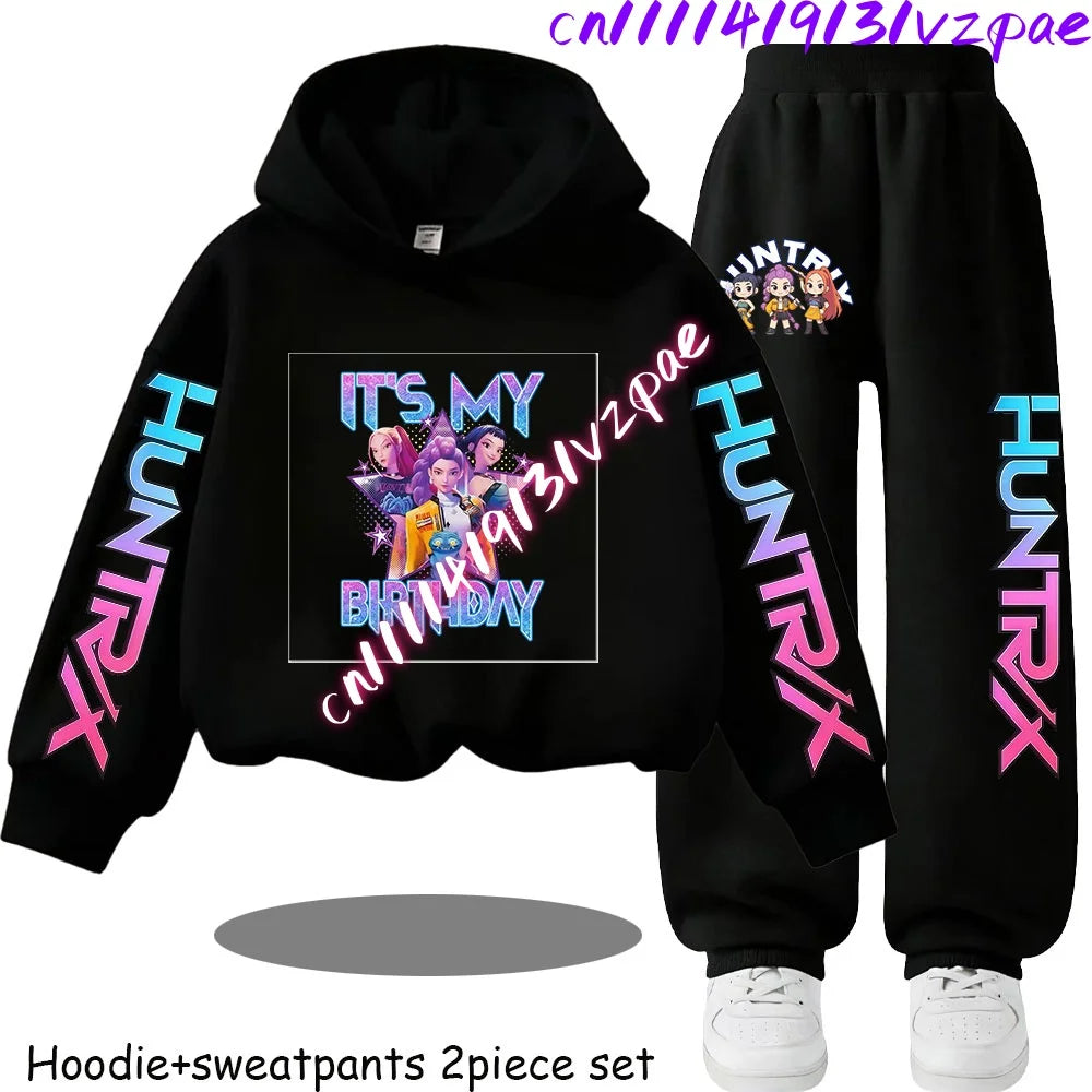 Girls' Print Hoodie Pants Two-Piece Set