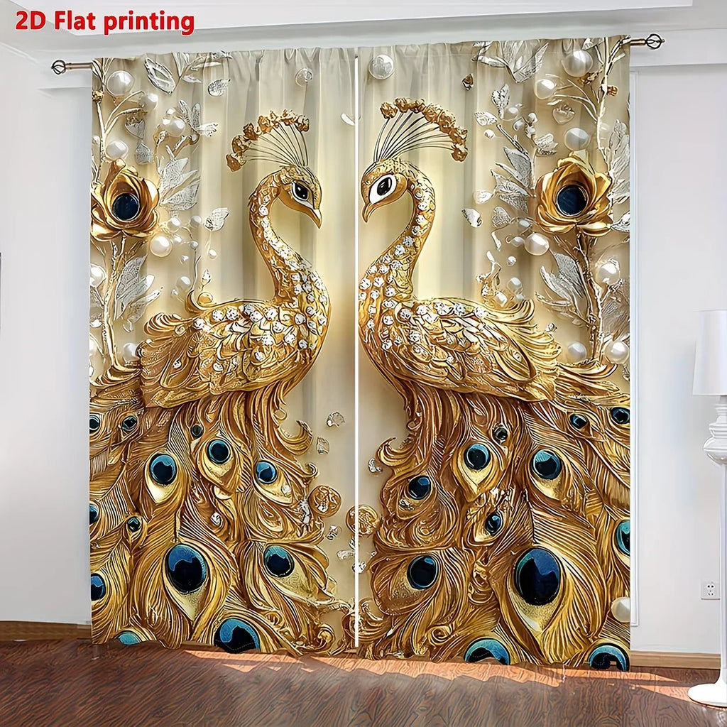 Gold Peacock Window Curtains and 3D Printed Living Room Drapes