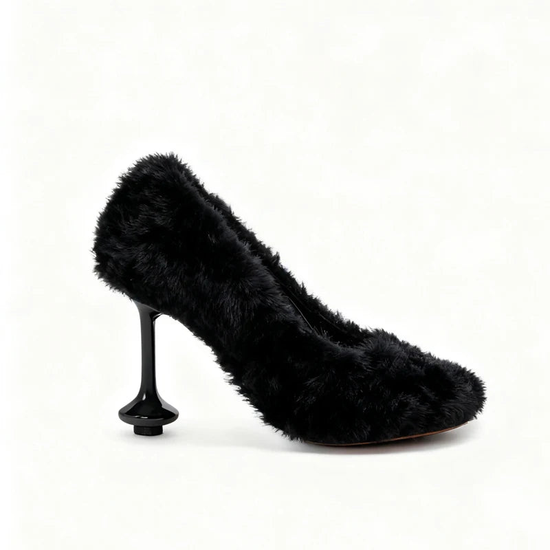 Women's Fuzzy Round Toe Wine Glass High Heel Pumps