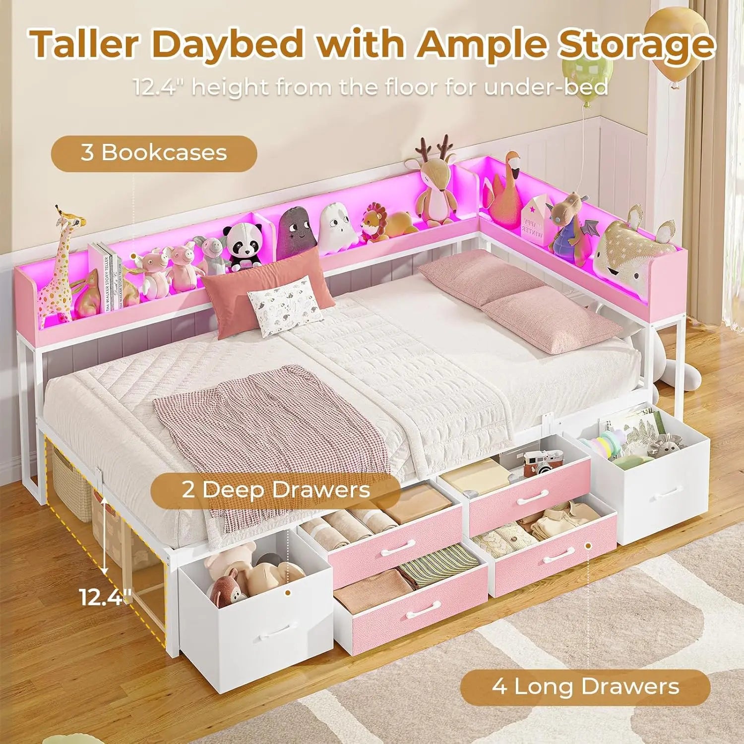 Twin Metal Corner Daybed Frame with Bookcase Storage and Drawers