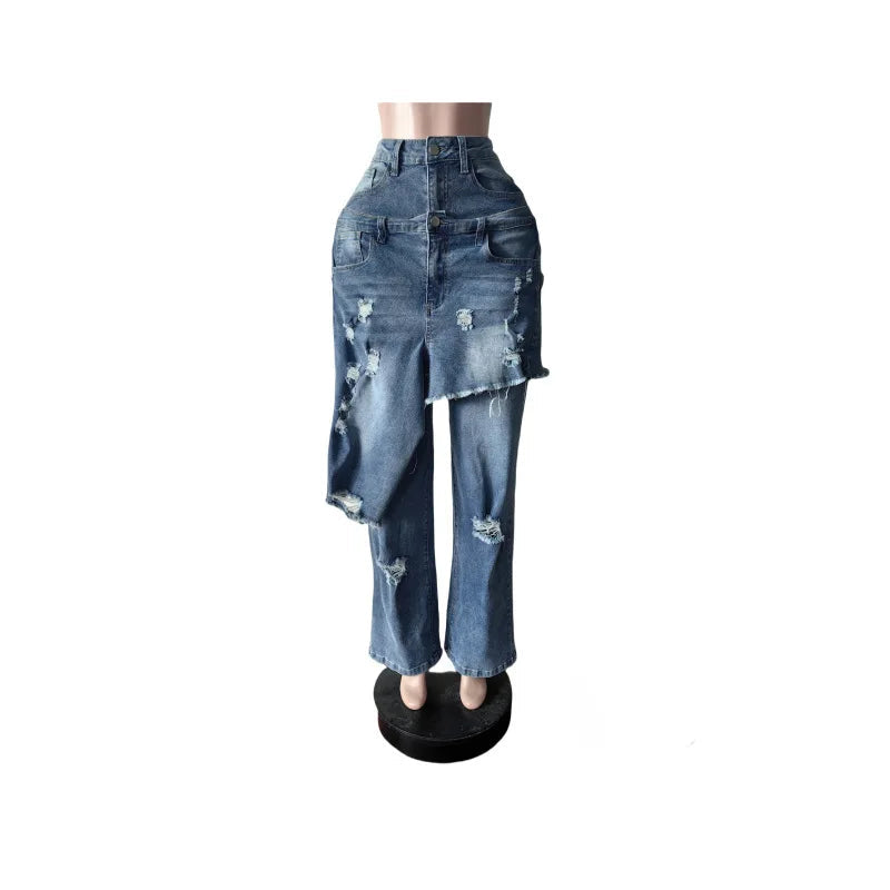 Women's Vintage High Waist Ripped Cutout Denim Jeans Pants