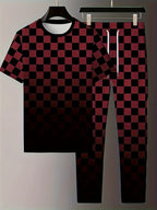 Men's Casual Check Print Short Sleeve T-Shirt and Pants Set